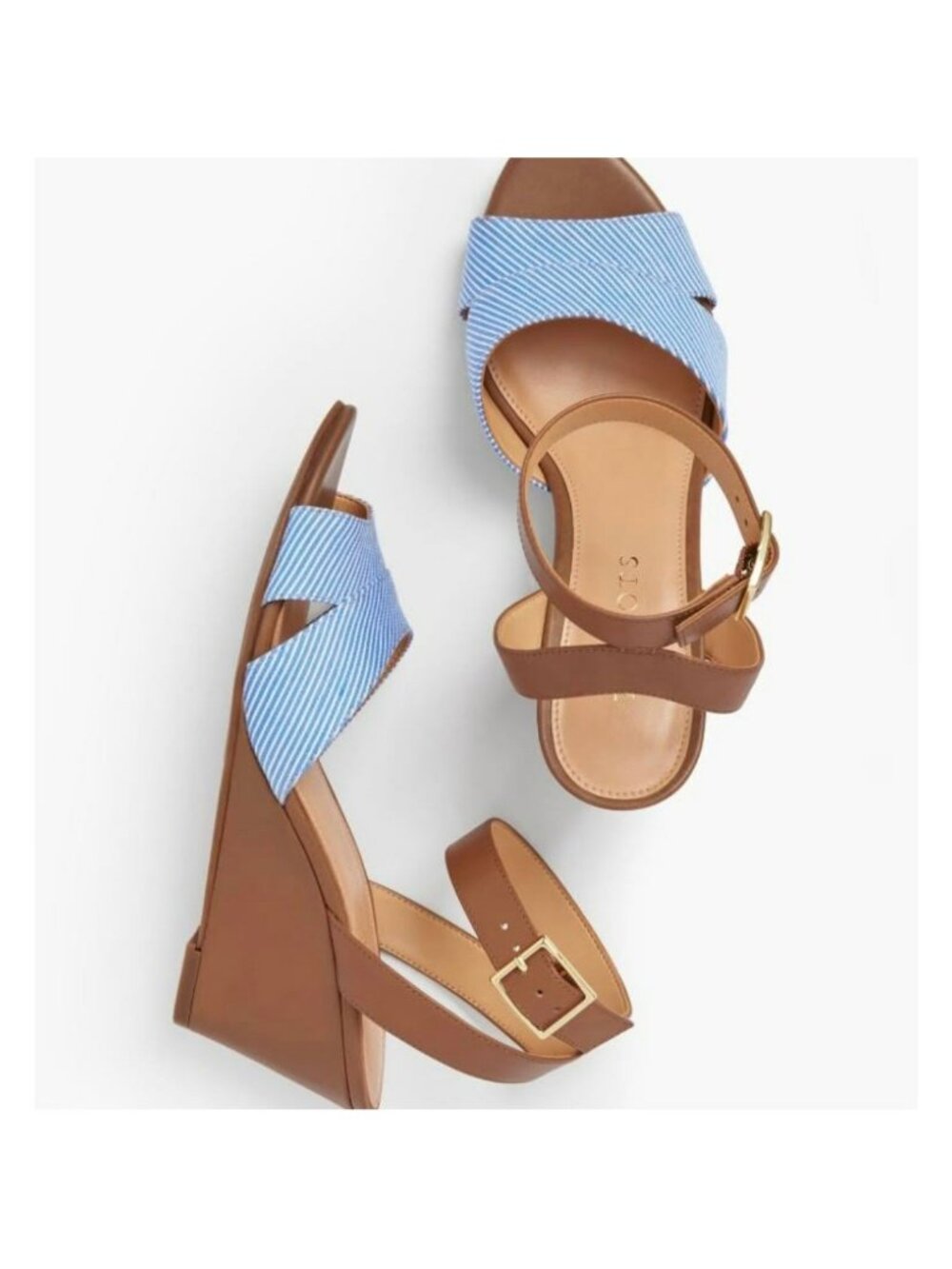 Talbots Vivian Leather Wedge Sandals - Blue Seersucker 7.5